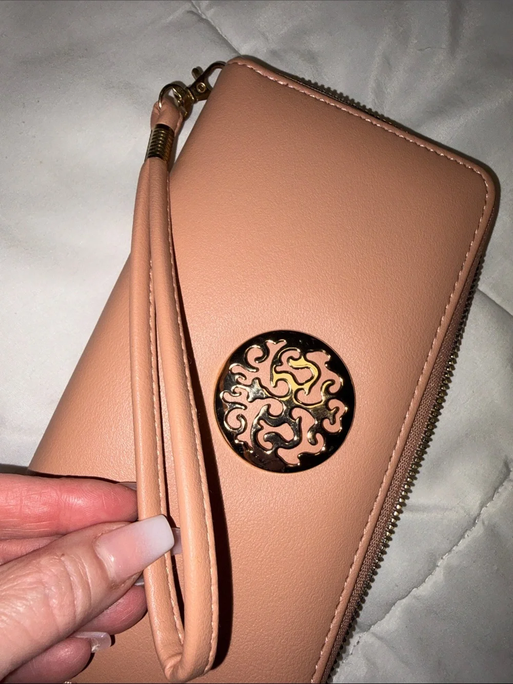 Women's Blush Zip Wristlet Wallet with Gold Emblem